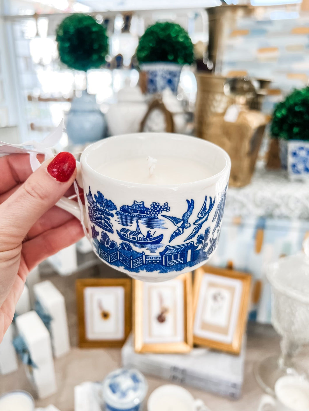 Butterfly Garden Blue and White Tea Cup B scented candle-Belle Reve Designs by Megan Gatte