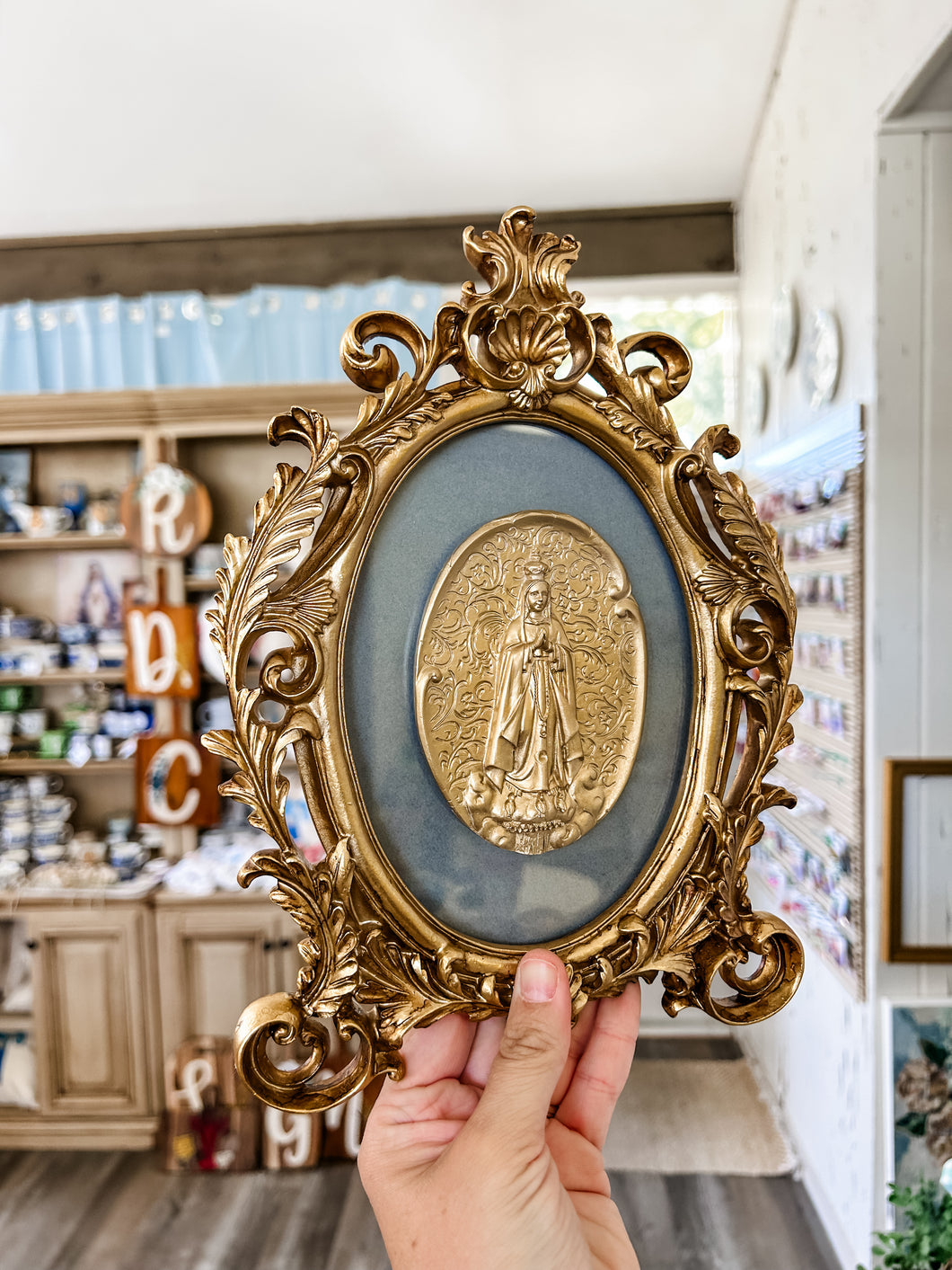 Our Lady of Fatima on dusty blue backed on vintage gold frame- Christina Yeager Designs