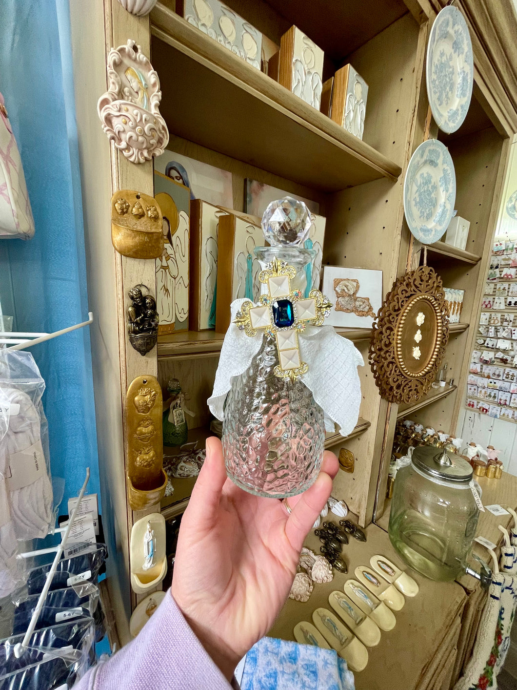 Holy Water Bottle with blue and white cross - The Gilded Mosquito by Lisa Leger
