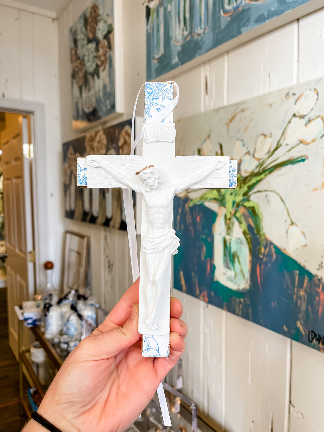 Blue + White Jesus Wood Cross ornament  - Sacred Designs