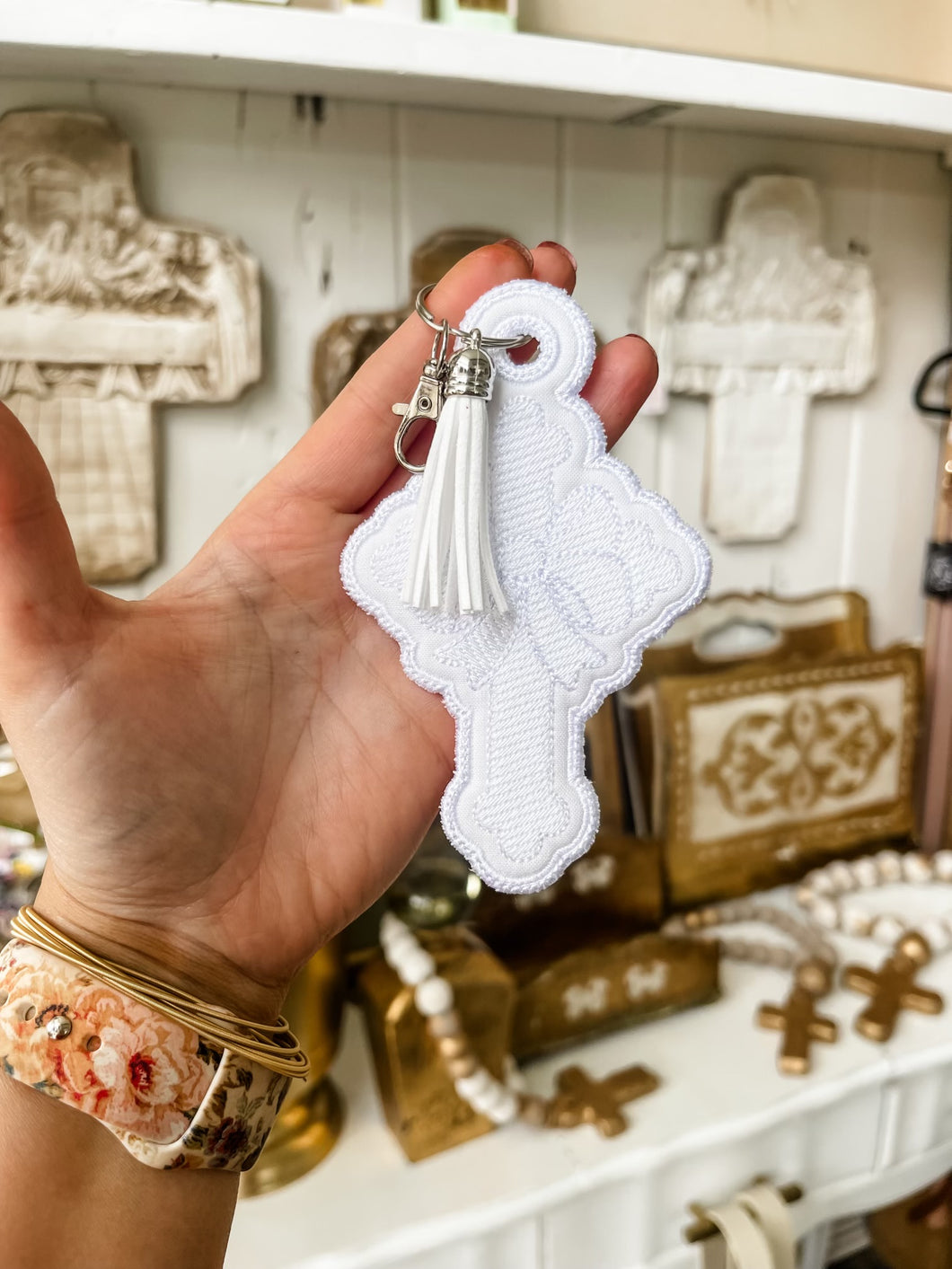 Cross Keychain White-Toupelo Crafts by Peyton Toups