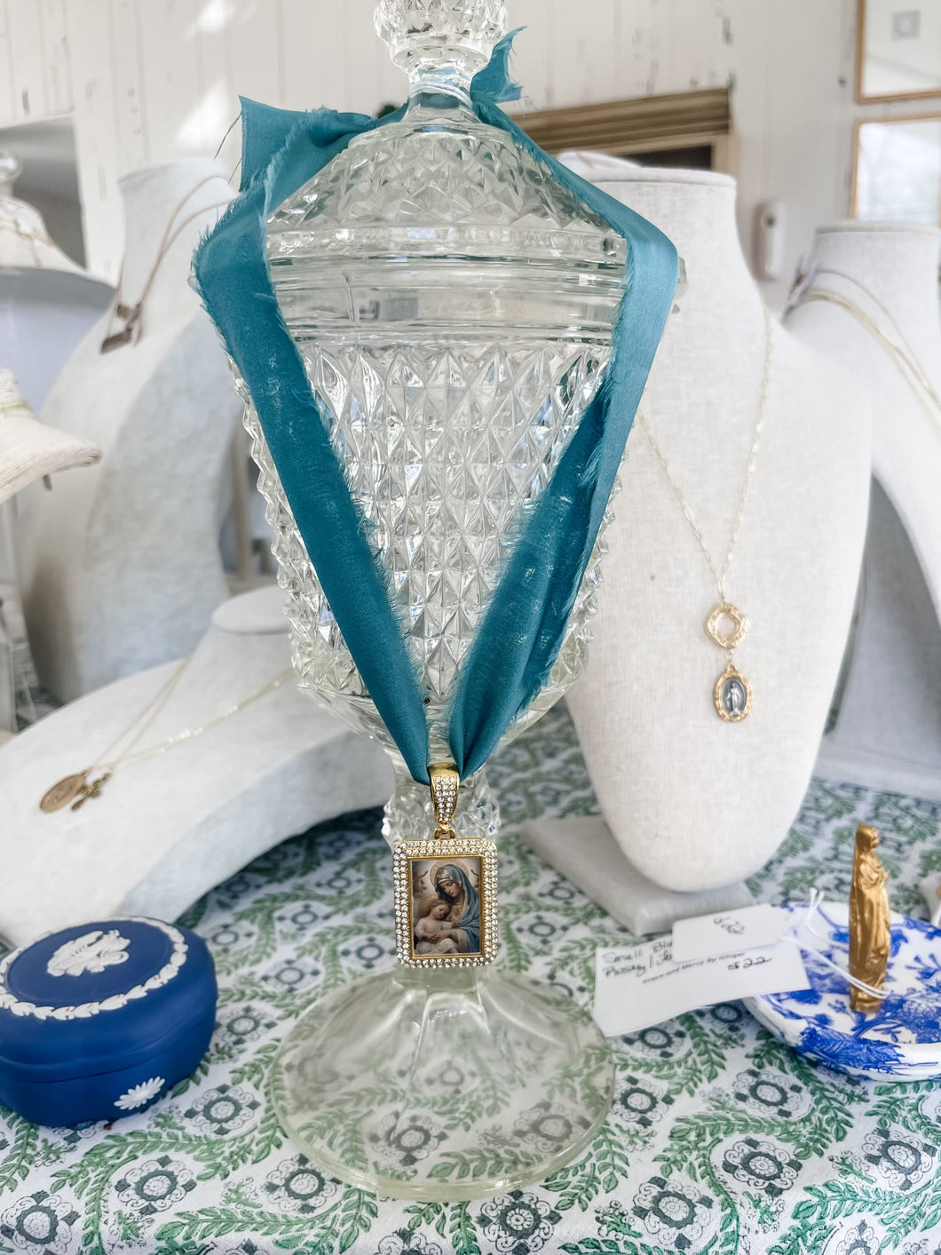 Teal Ribbon with Mary Medal Sacred Bookmark- The Gilded Mosquito by Lisa Leger