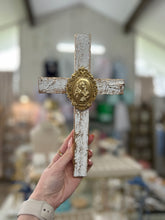 Load image into Gallery viewer, Wood crosses with Mary design with hangers - Sacred Designs
