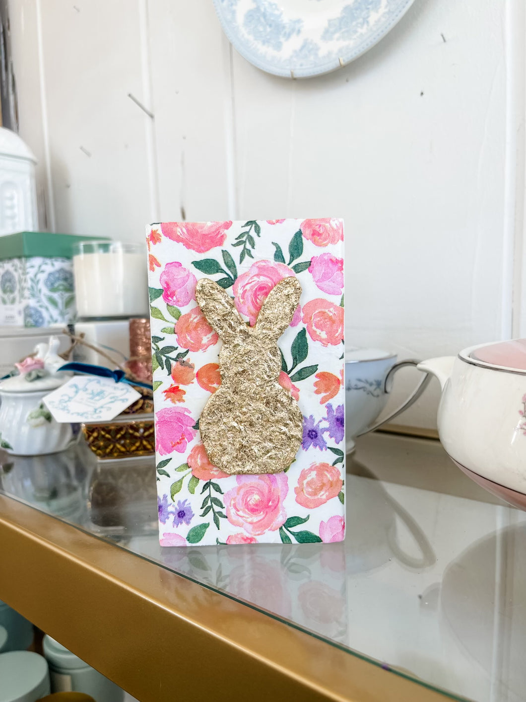 Gold Leaf Easter Bunny on Floral Wood-Christina Yeager Designs