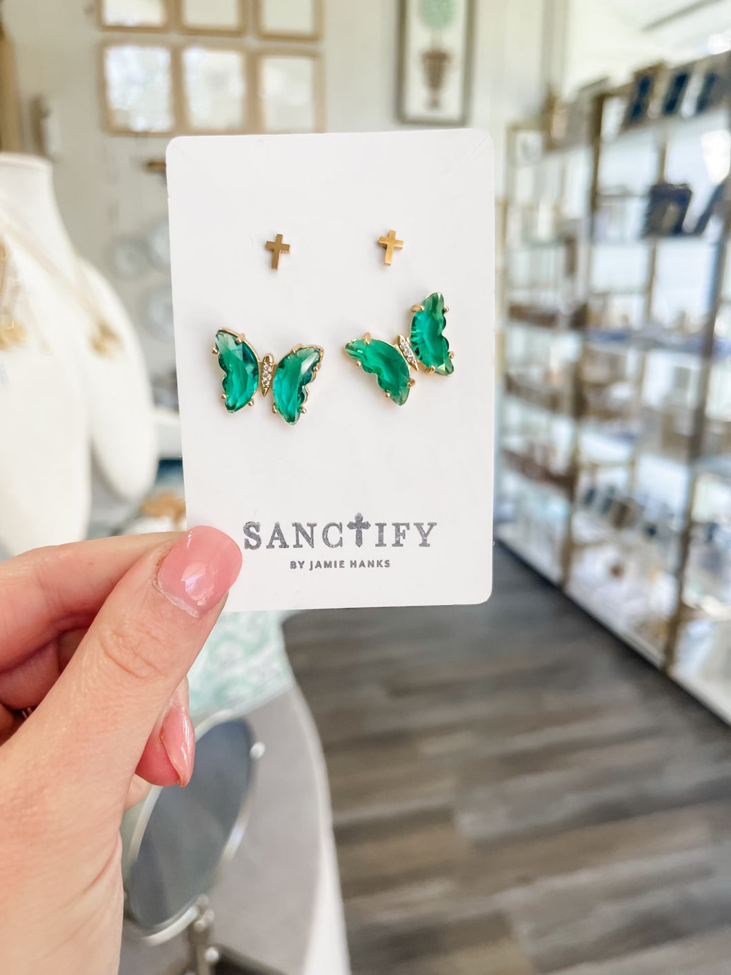 Green Cross Butterfly Earring Set-Sanctify by Jamie Hanks