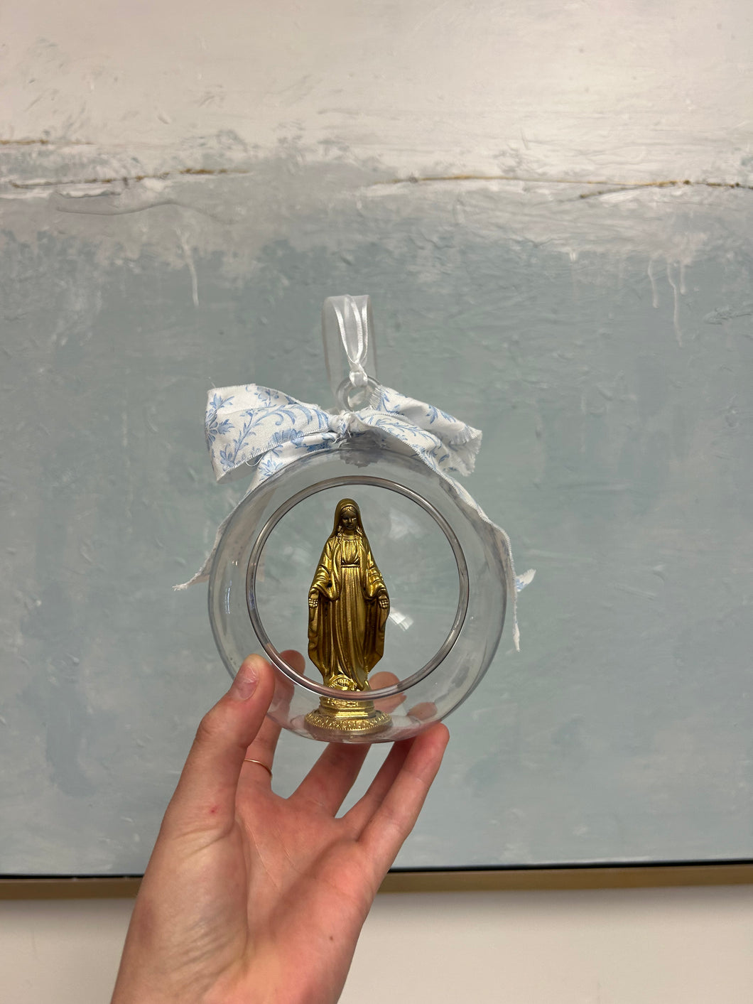 Enclosed Mary with blue floral ribbon ornament - Grace and Mercy Co