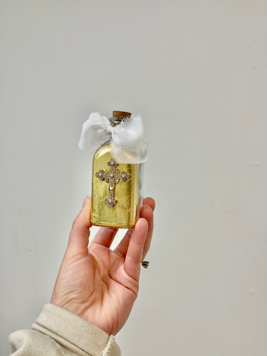 Holy Water Bottle with ribbon- vintage inspired & gold leafed by hand - By JLM Designs
