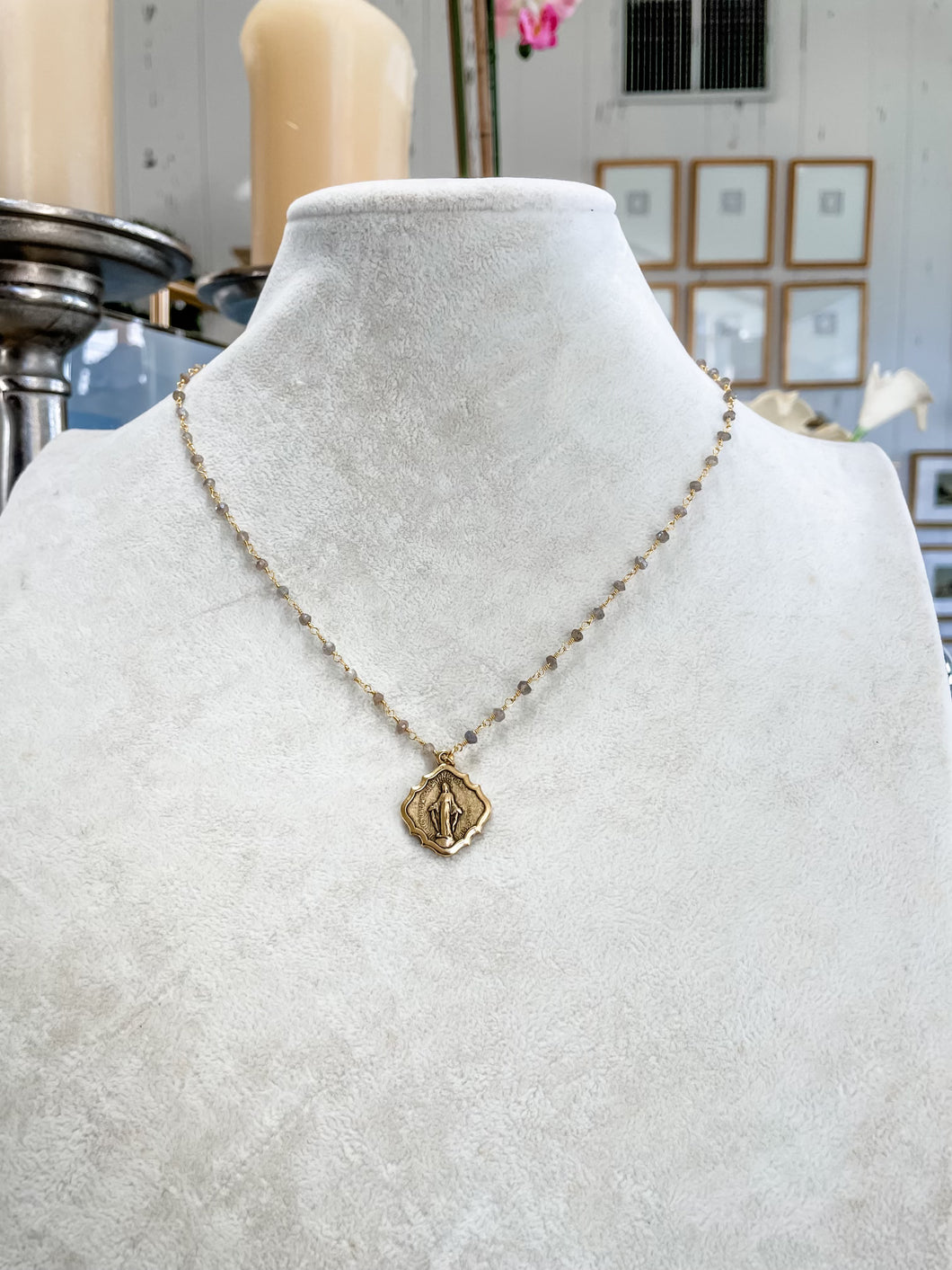 Labraorite Miraculous Medal Necklace-Elle belle Handmade