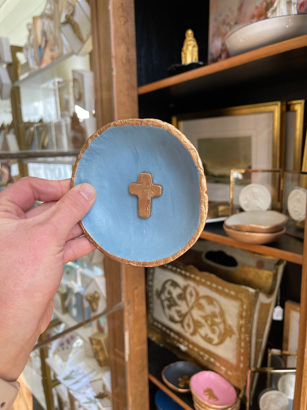 Blue  with cross trinket dish -Stretched Out Designs By Chelse Breaux