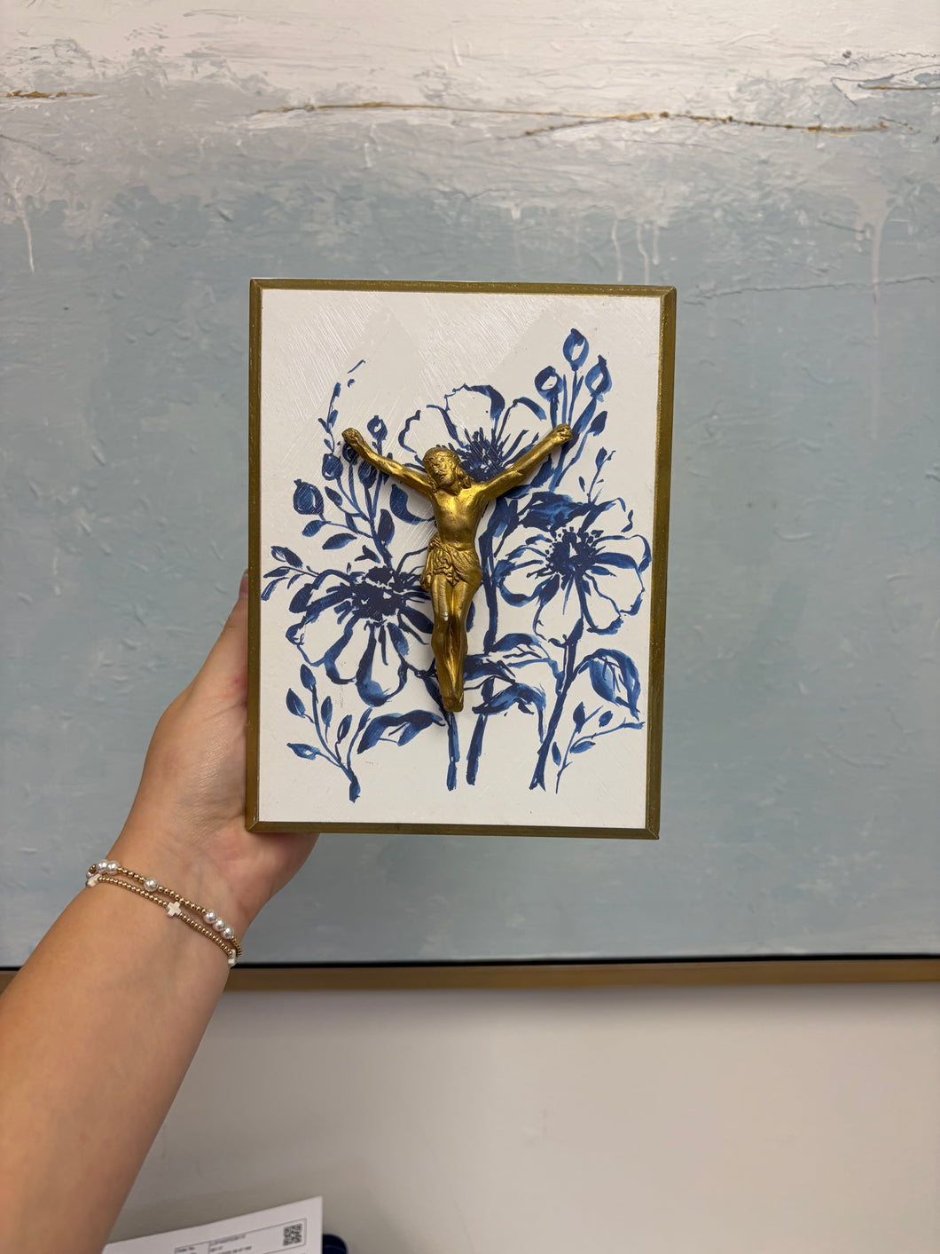 Jesus on blue and white floral- Stretched Out Designs