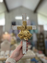 Load image into Gallery viewer, Wood crosses in white with design with hangers - Sacred Designs
