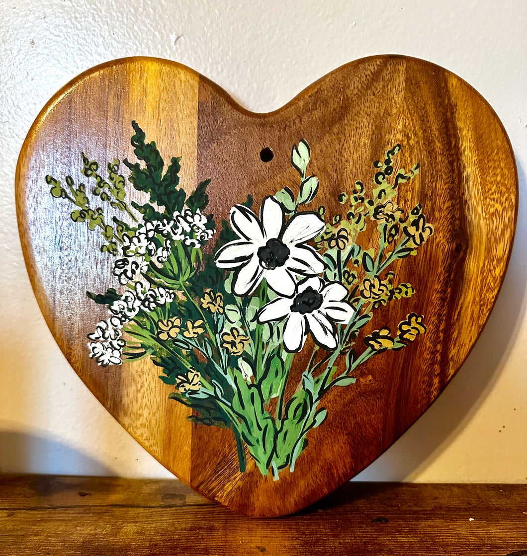 White florals - HEART - Hand painted Charcuterie Board-Sincerely, Emma