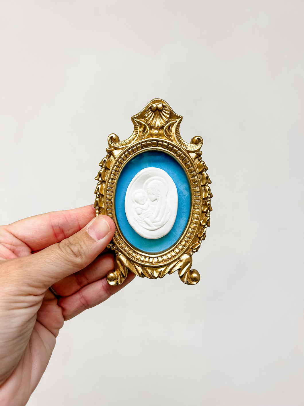 Small gold framed Mary & Jesus intaglio - bright blue background - Mae Mae Art By Maegan Hanna