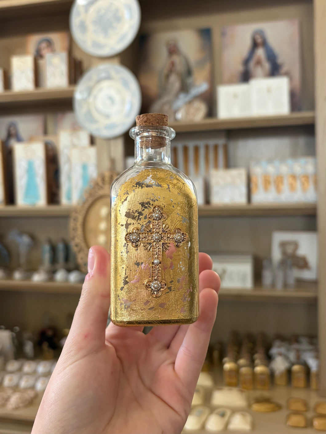 Holy water bottle distressed gold/diamond cross- By JLM Designs