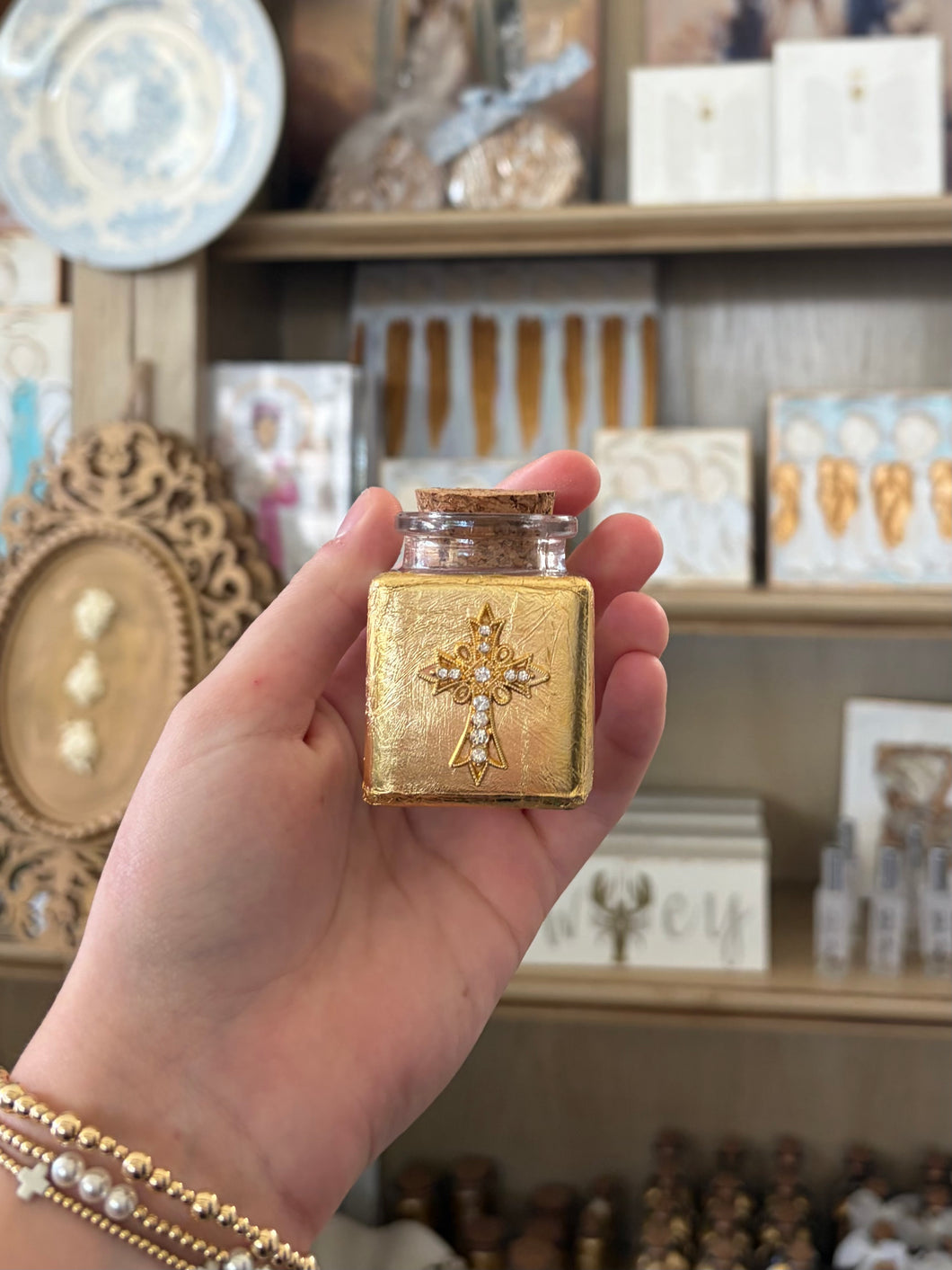 Small square holy water bottle # 2 gold/diamond cross- By JLM Designs