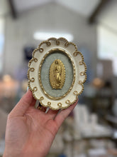 Load image into Gallery viewer, Our lady of Guadalupe intaglio on green floral backed on white and gold small frame - Christina Yeager Designs (Copy)
