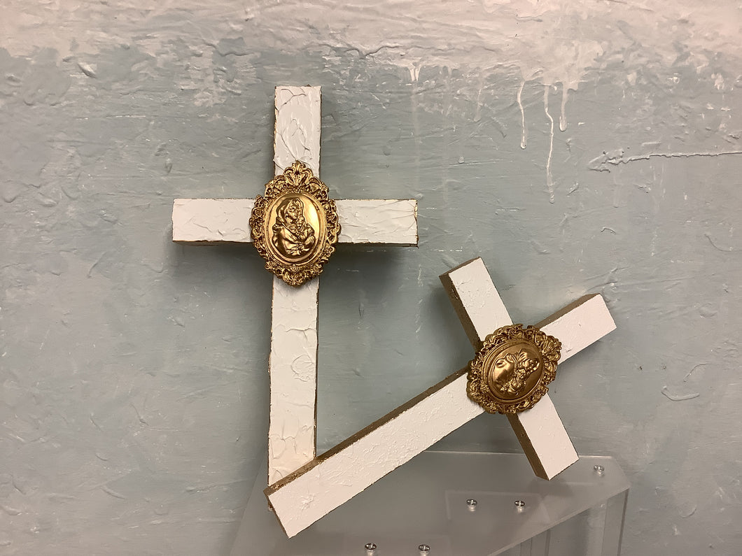 Gold + White cross  w/mary &baby - Sacred Designs