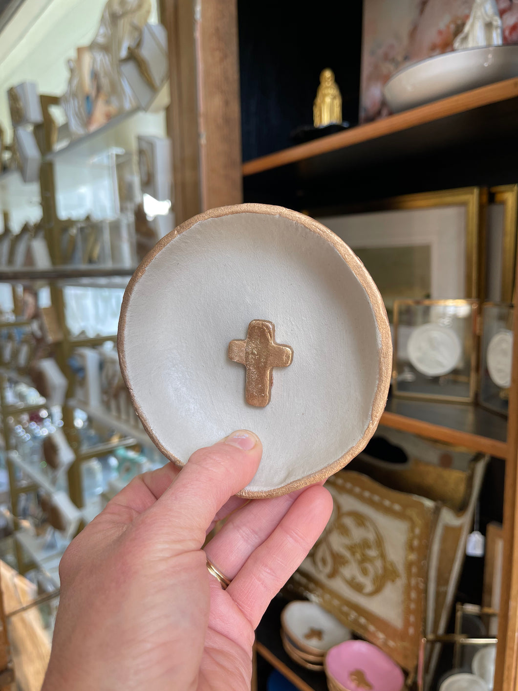 Grey and cross trinket dish -Stretched Out Designs By Chelse Breaux