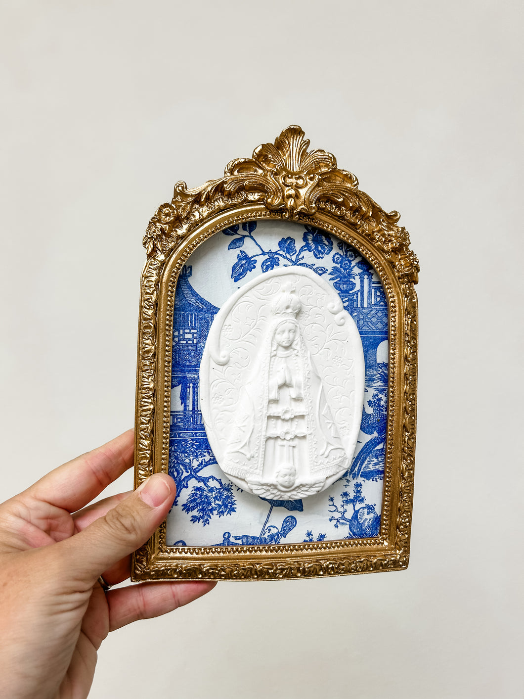 Mary in Gold Arch Frame with blue and white background - Mae Mae Art by Maegan Hanna