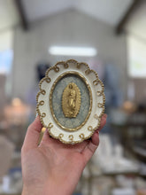 Load image into Gallery viewer, Our lady of Guadalupe intaglio on green floral backed on white and gold small frame - Christina Yeager Designs (Copy)
