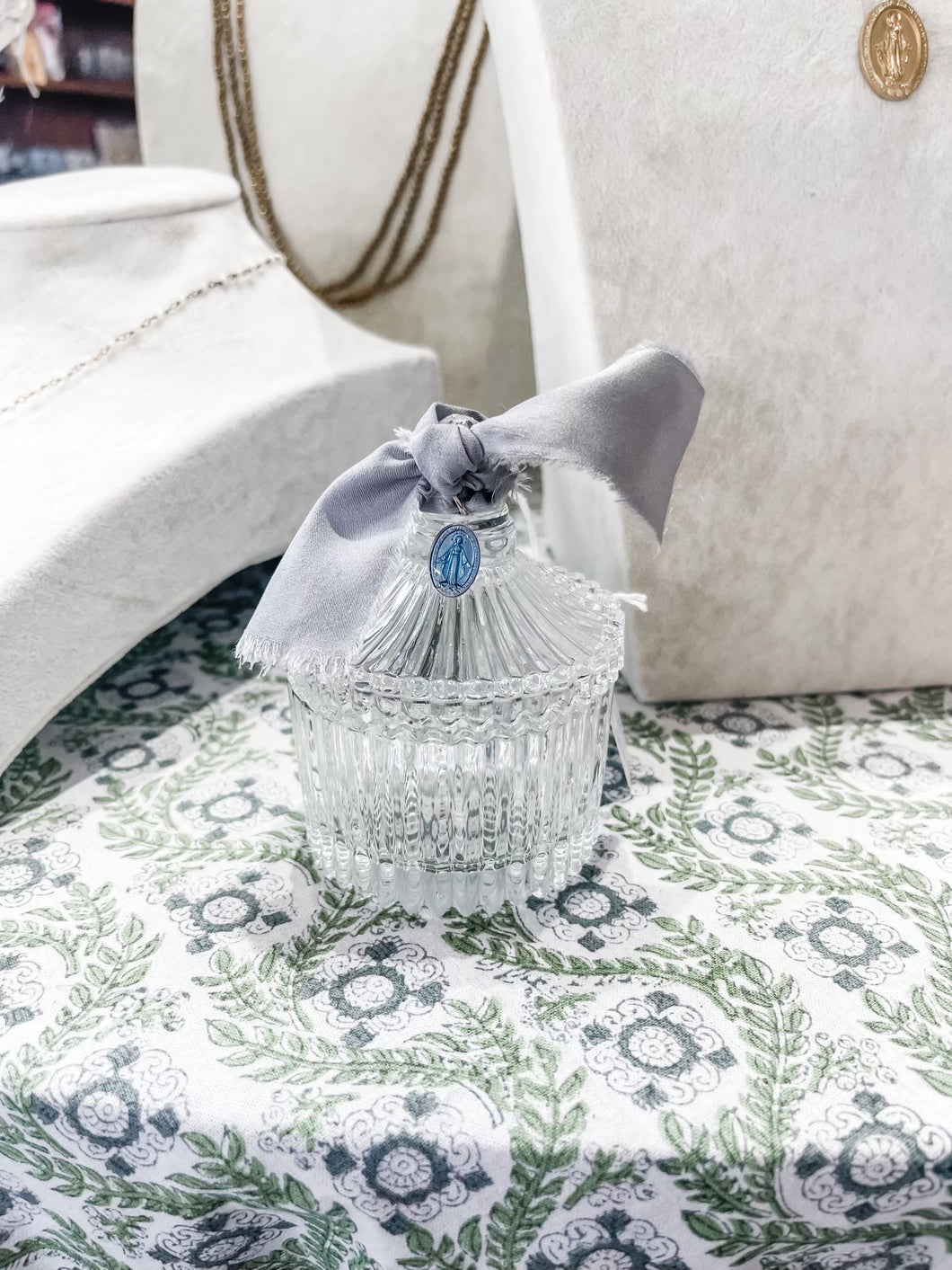 Small Crystal Lidded Dish Light Blue Mary with Grey Ribbon-The Gilded Mosquito by Lisa Leger