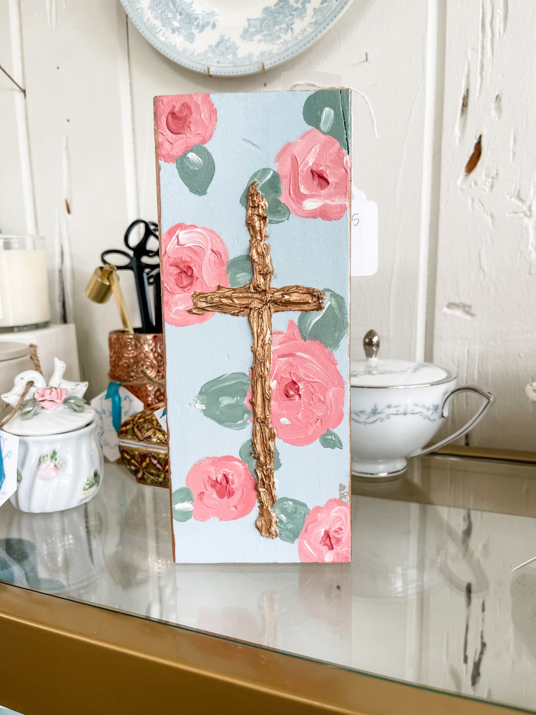 9x3.5 Blush Floral Hand Painted Wood Decor with Gold Texture Cross-Stretched Out Designs By Chelse Breaux