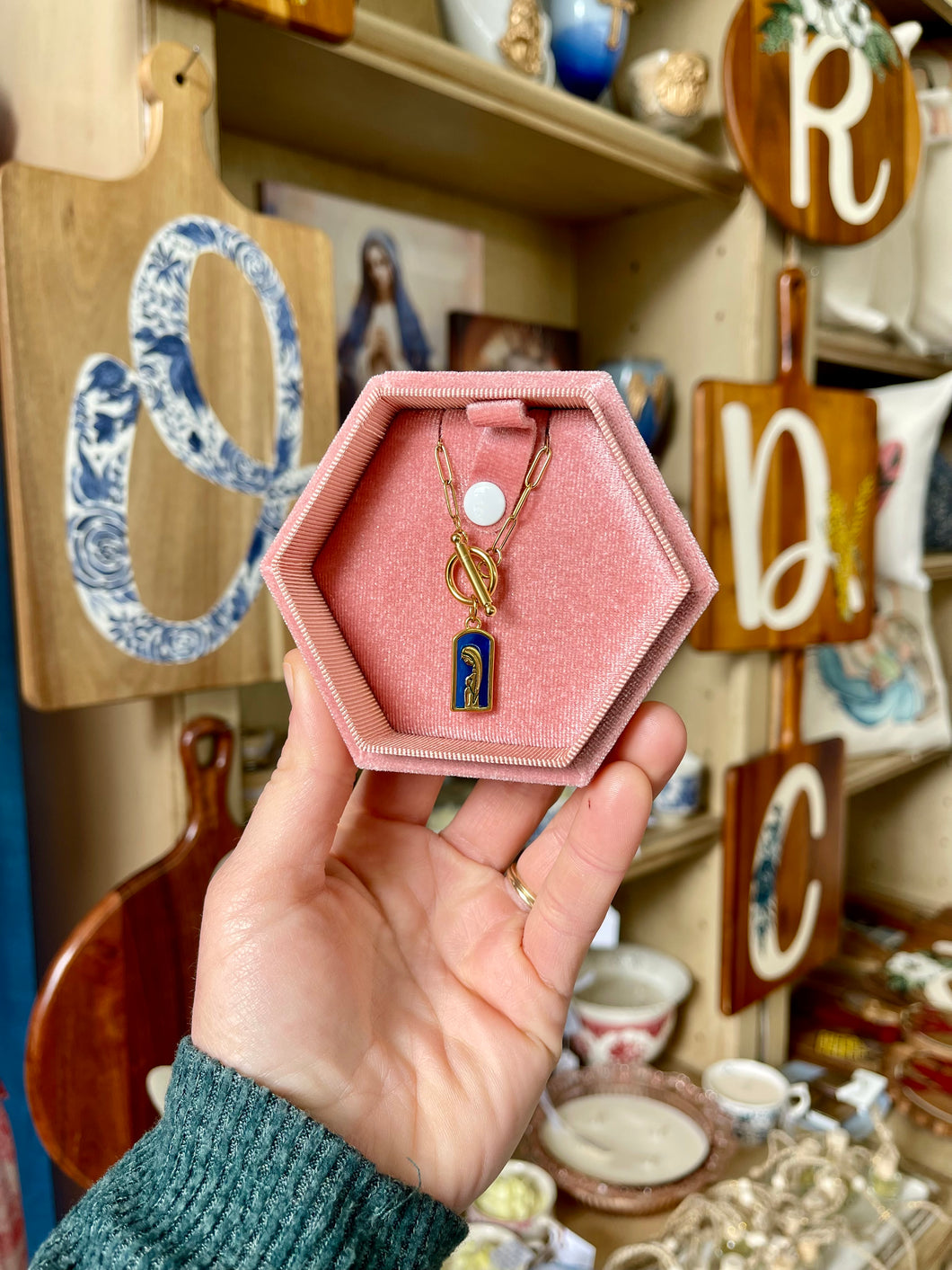 Vintage replica Blessed
Mother blue enamel necklace- Bee Still Design