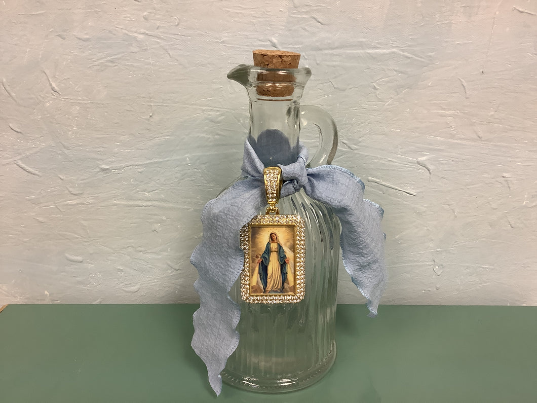 Holy Water Bottle with gold  Mary blue ribbon - The Gilded Mosquito by Lisa Leger