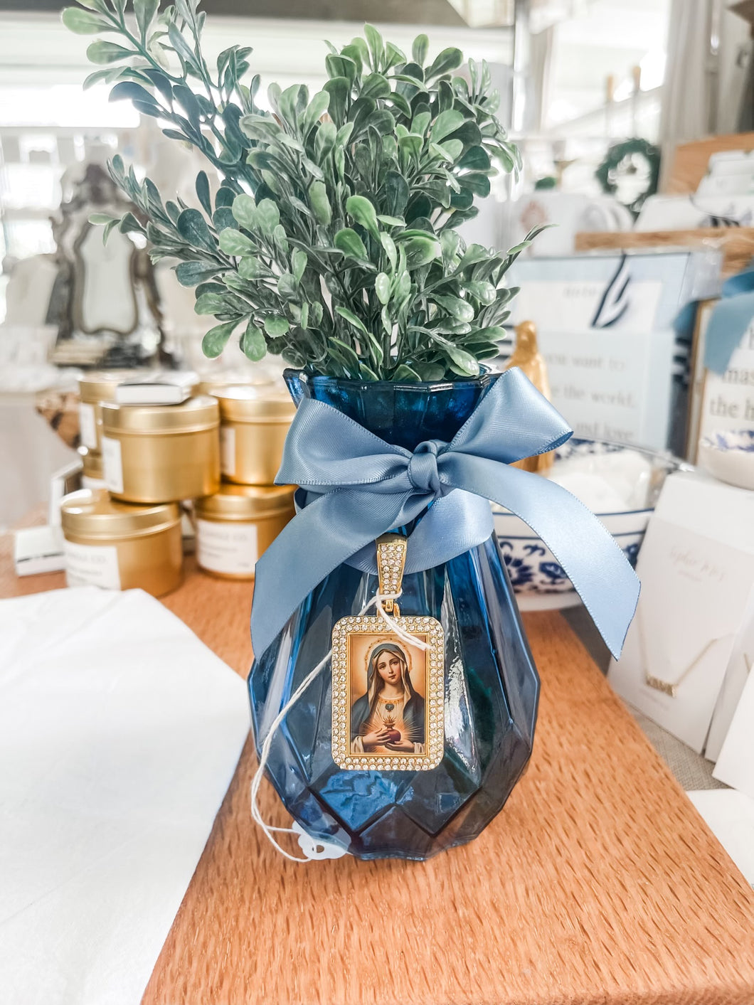 Blue Vase with Mary Blue Ribbon-The Gilded Mosquito by Lisa Leger