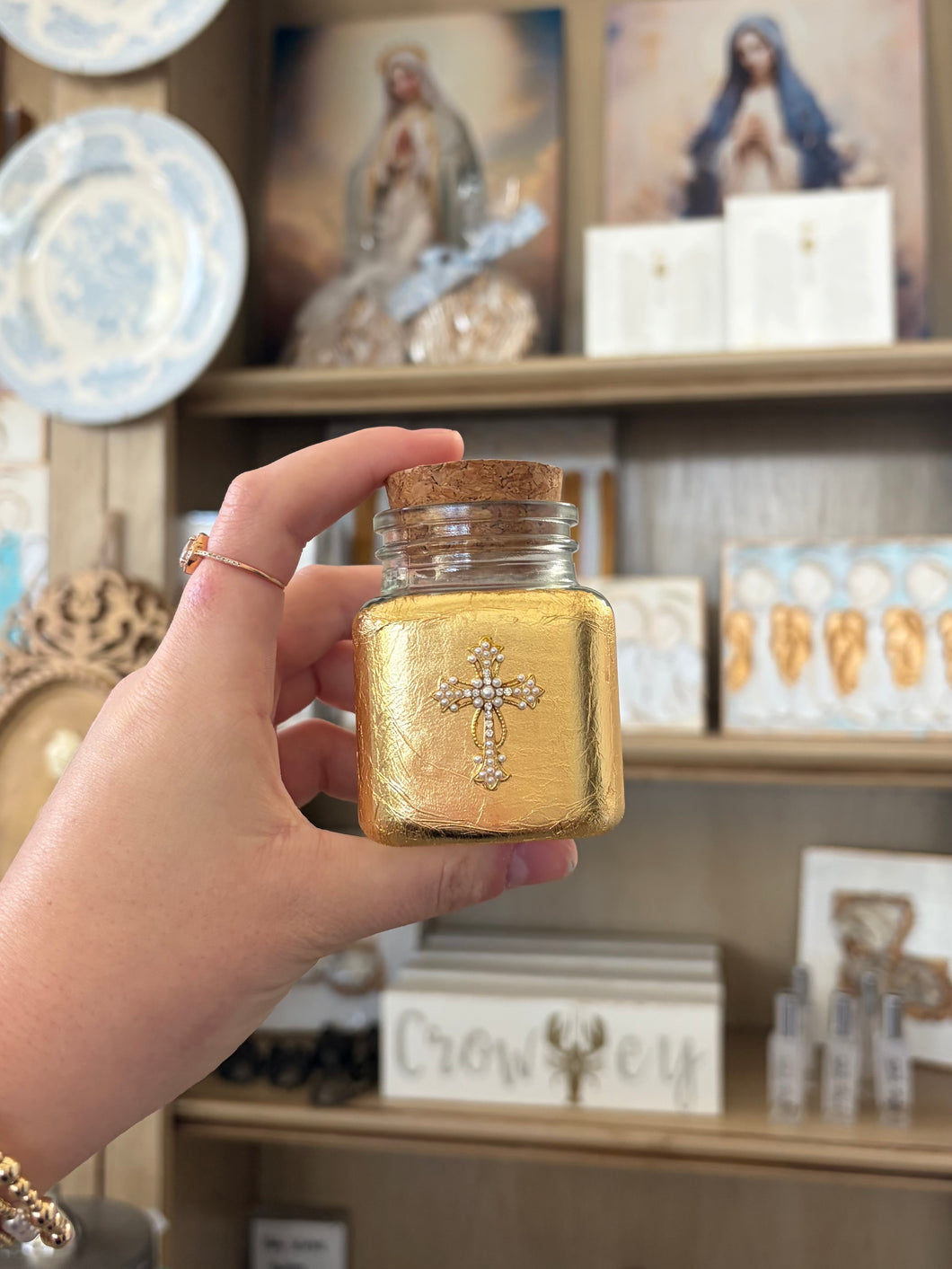 Small square holy water bottle # 1 gold/pearl/diamond cross- By JLM Designs