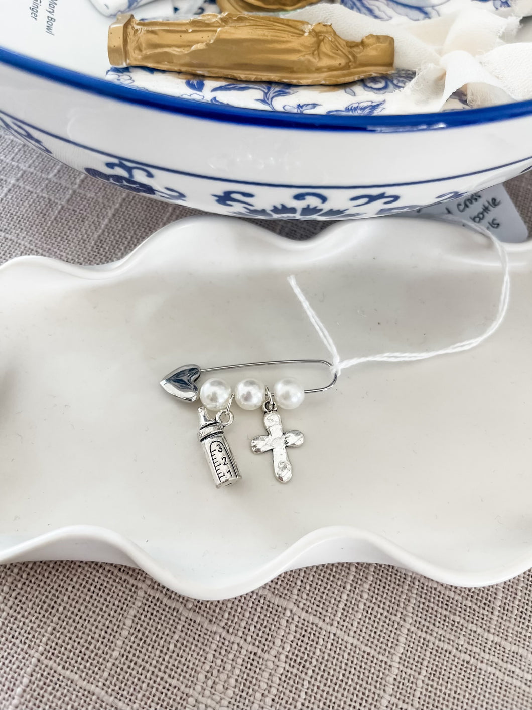 Silver heart pin with cross, baby bottle and pearls- The Gilded Mosquito by Lisa Leger