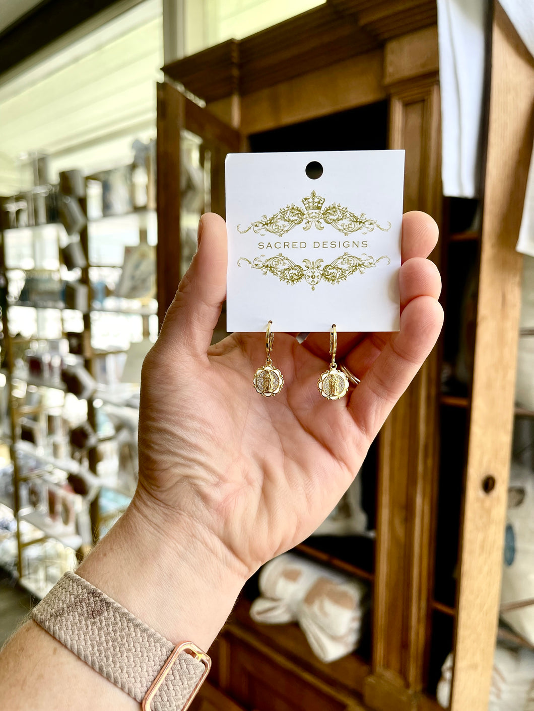 Dainty rhinestone Mary earrings/small- Sacred Designs