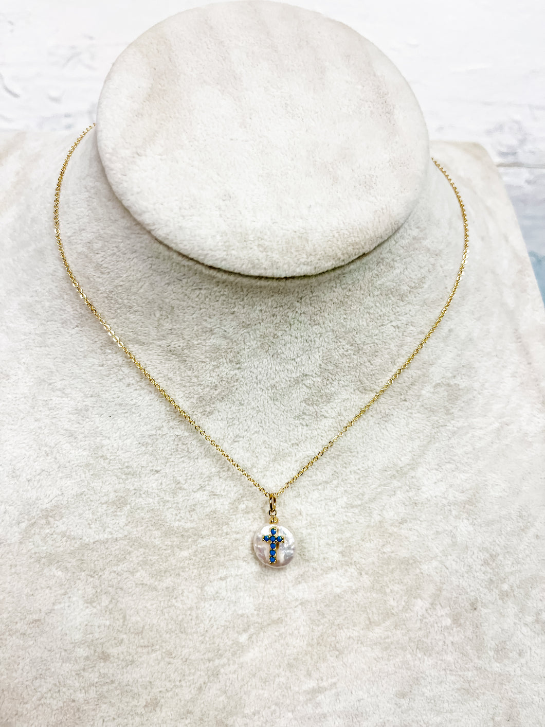 Pearl with blue cross Necklace- Sanctify by Jamie Hanks