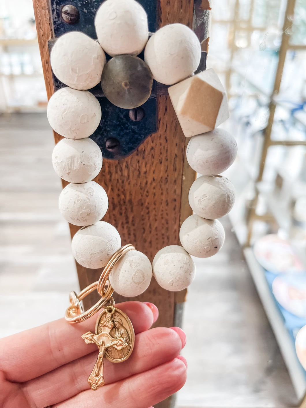 Rustic white and natural wood bead wristlet keychain the holy family pendant and crucifix-Stretched Out Designs By Chelse Breaux