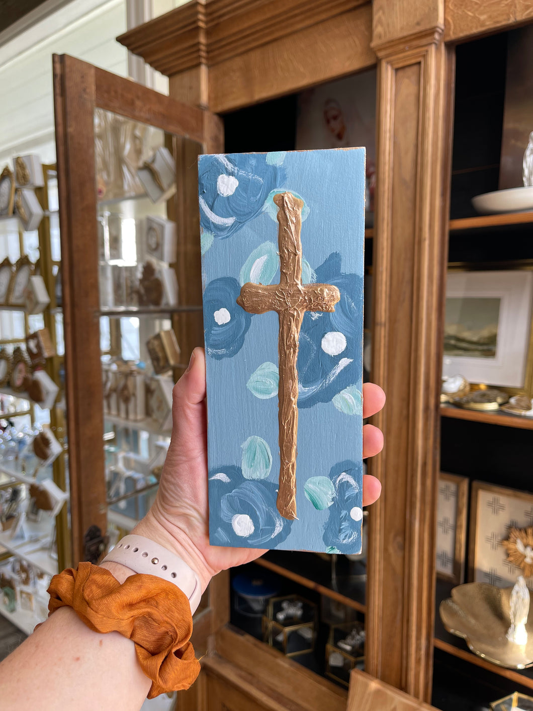 Navy Floral textured gold leaf cross- Stretched Out Designs by Chelse Breaux