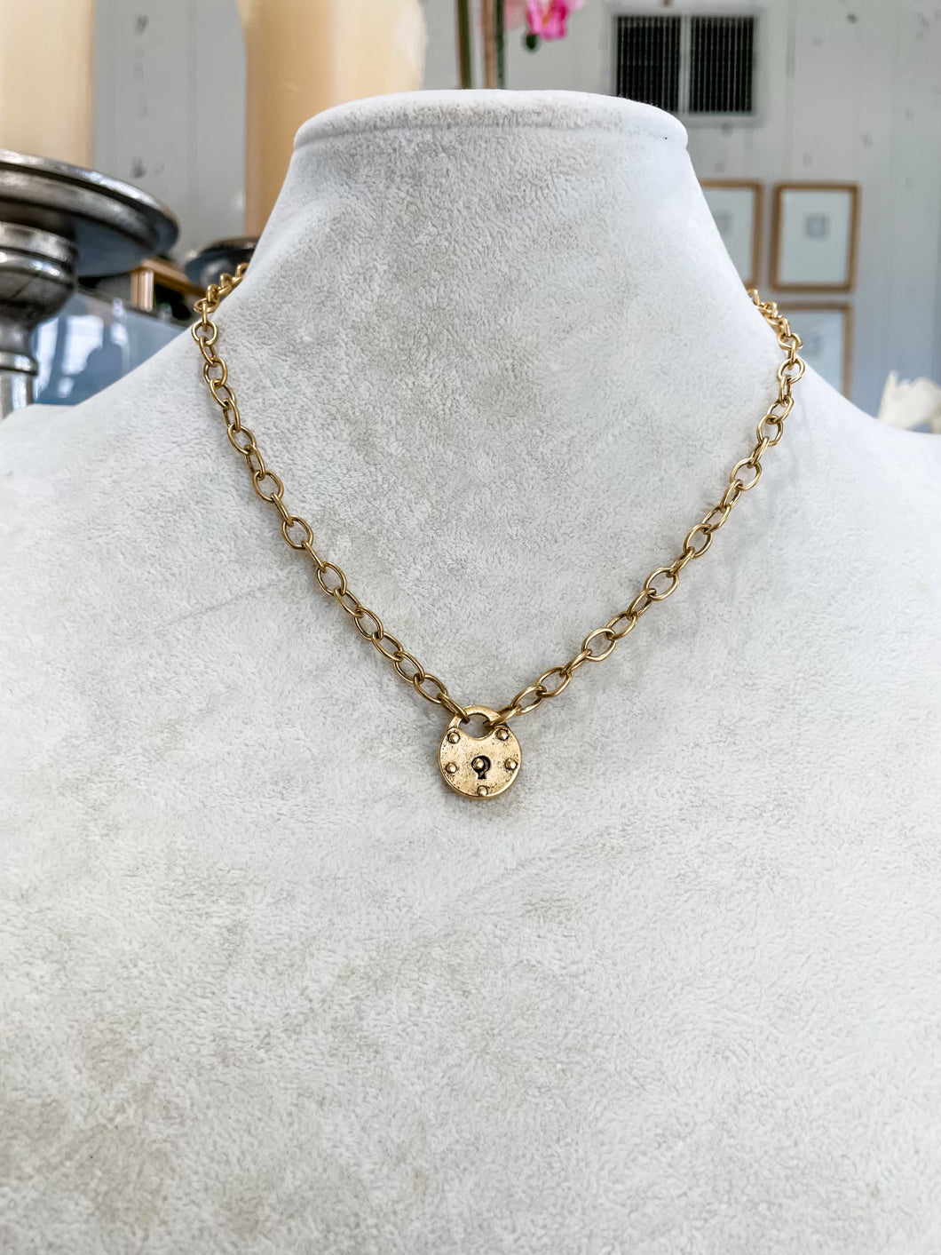 Antiqued Gold Lock Necklace-Elle belle Handmade