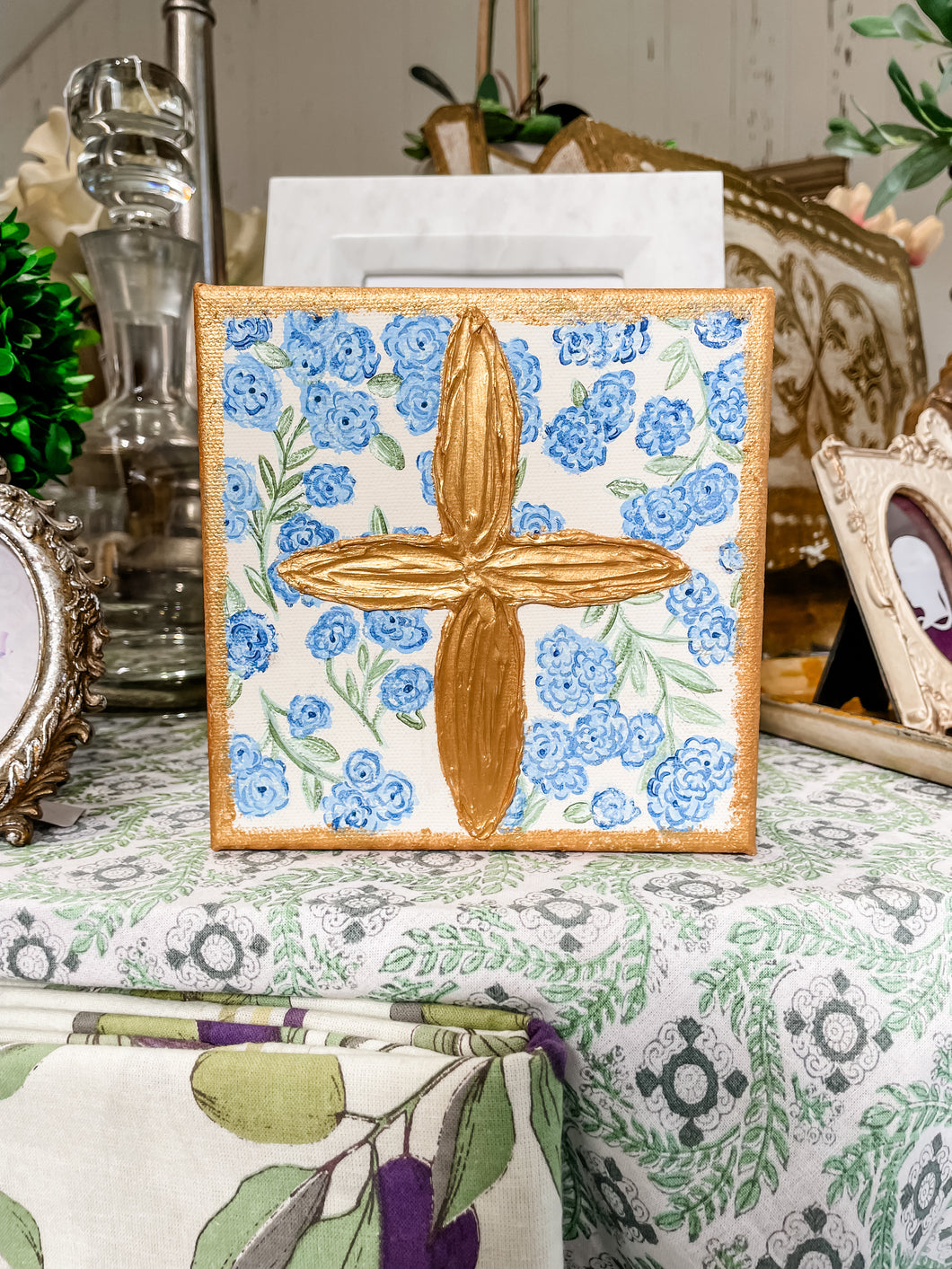 Blue floral textured gold cross- Hope’s Blessed Mess
