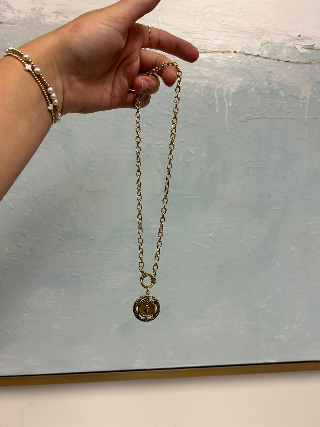 Gold Mary on circle pendant Necklace- The Gilded Mosquito