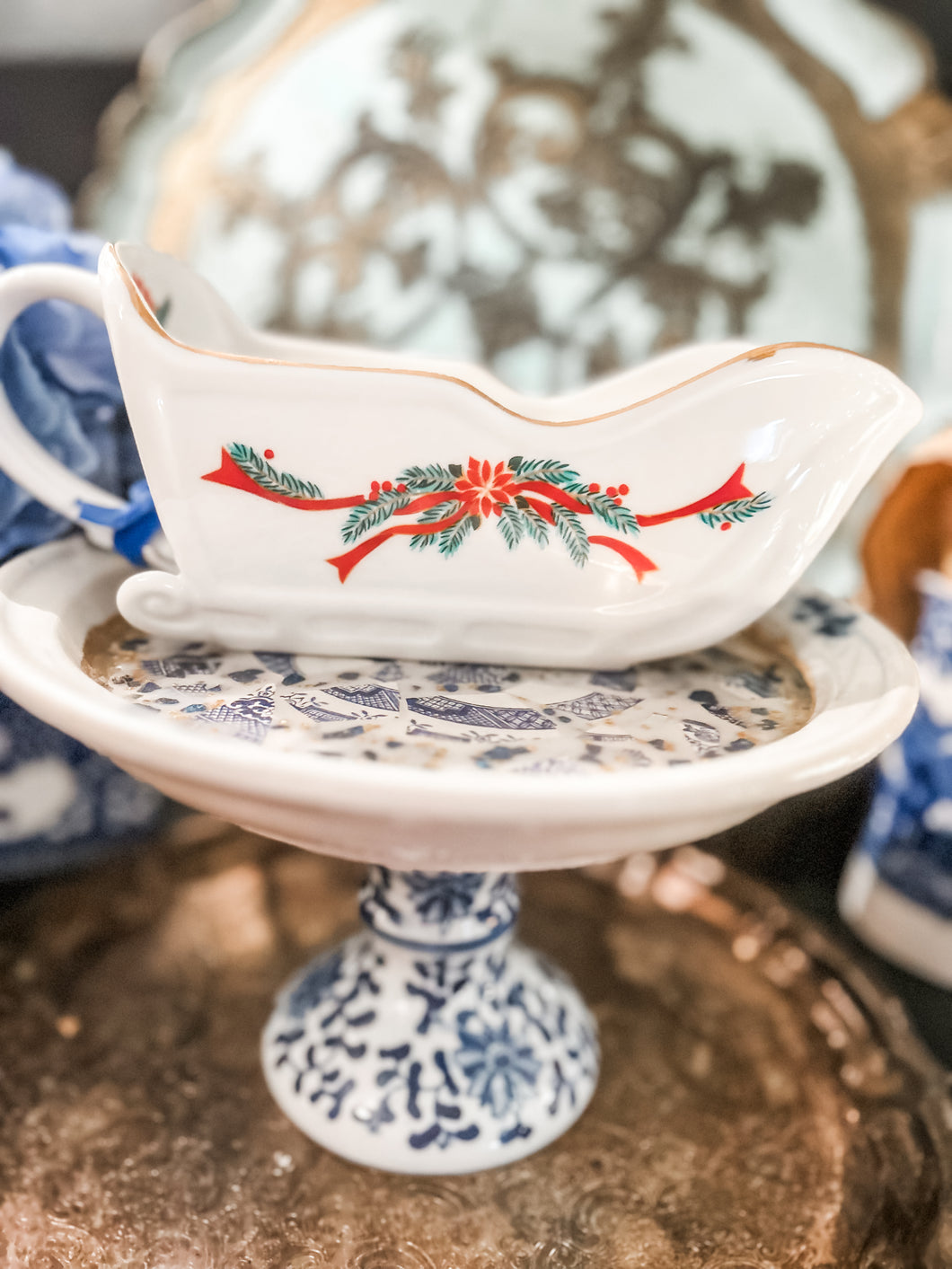 Vintage Pointsetta gravy boat -  Christmas tree scented candle-Belle Reve Designs by Megan Gatte