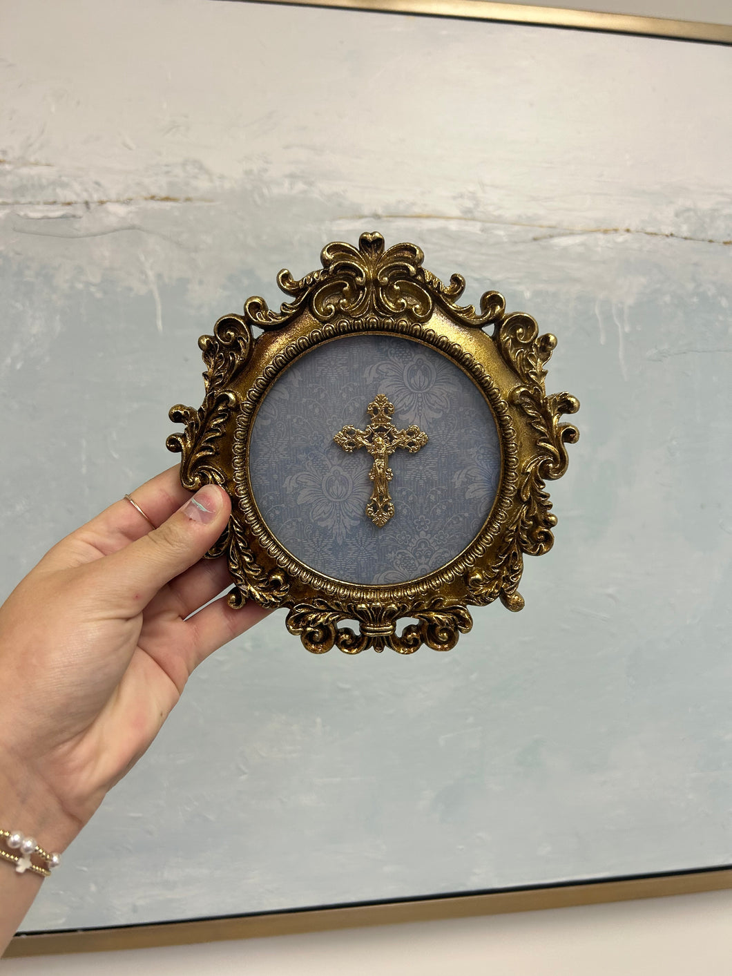 Crucifix on blue leaf vintage gold frame - Christina Yeager Designs