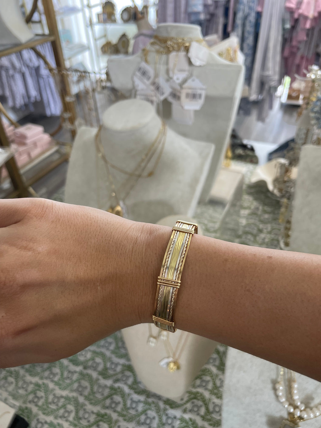 X- Wide gold hammered 2 gold twist 2 silver flat 2 gold flat bracelet- Q’s Jewelry Design