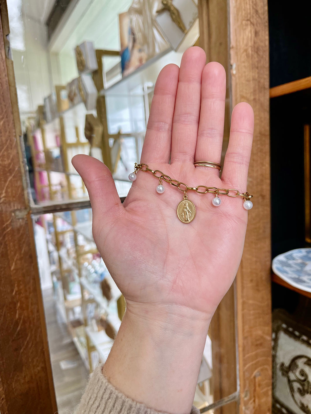 Gold Mary bracelet with pearls- The Gilded Mosquito by Lisa Leger