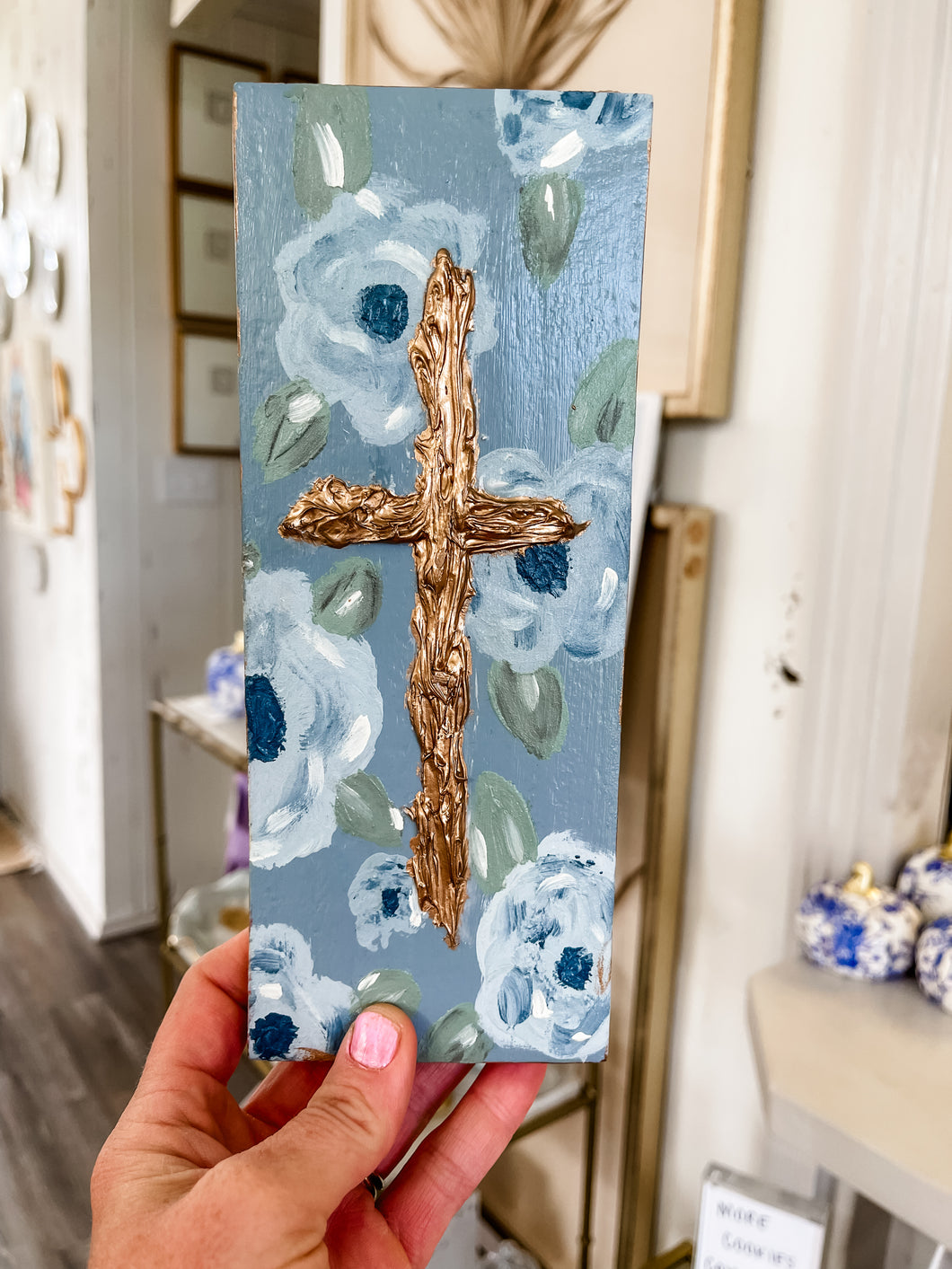 Blue flowers with textured gold leaf cross (F)- Stretched Out Designs by Chelse Breaux