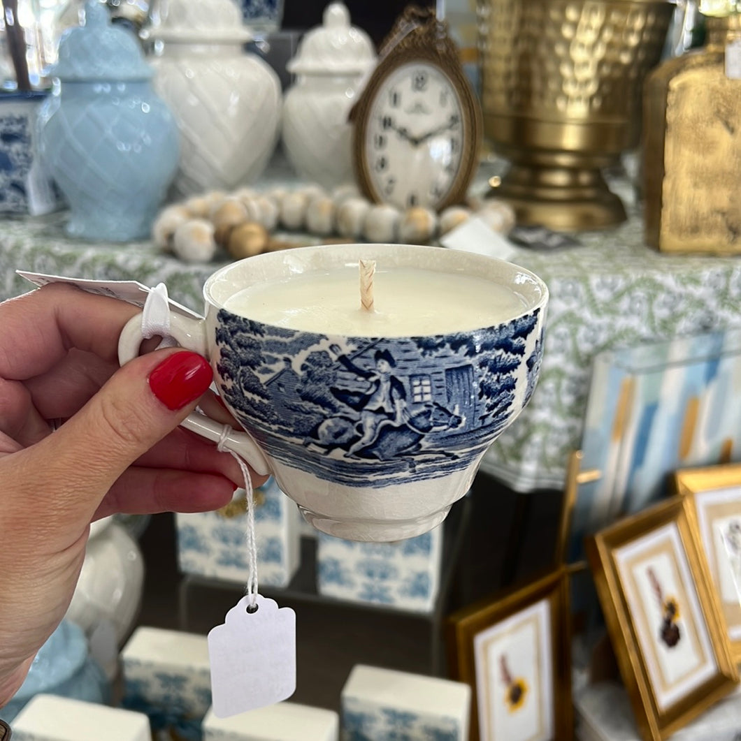 My Heart Blue and White Tea Cup scented candle A- Belle Reve Designs by Megan Gatte