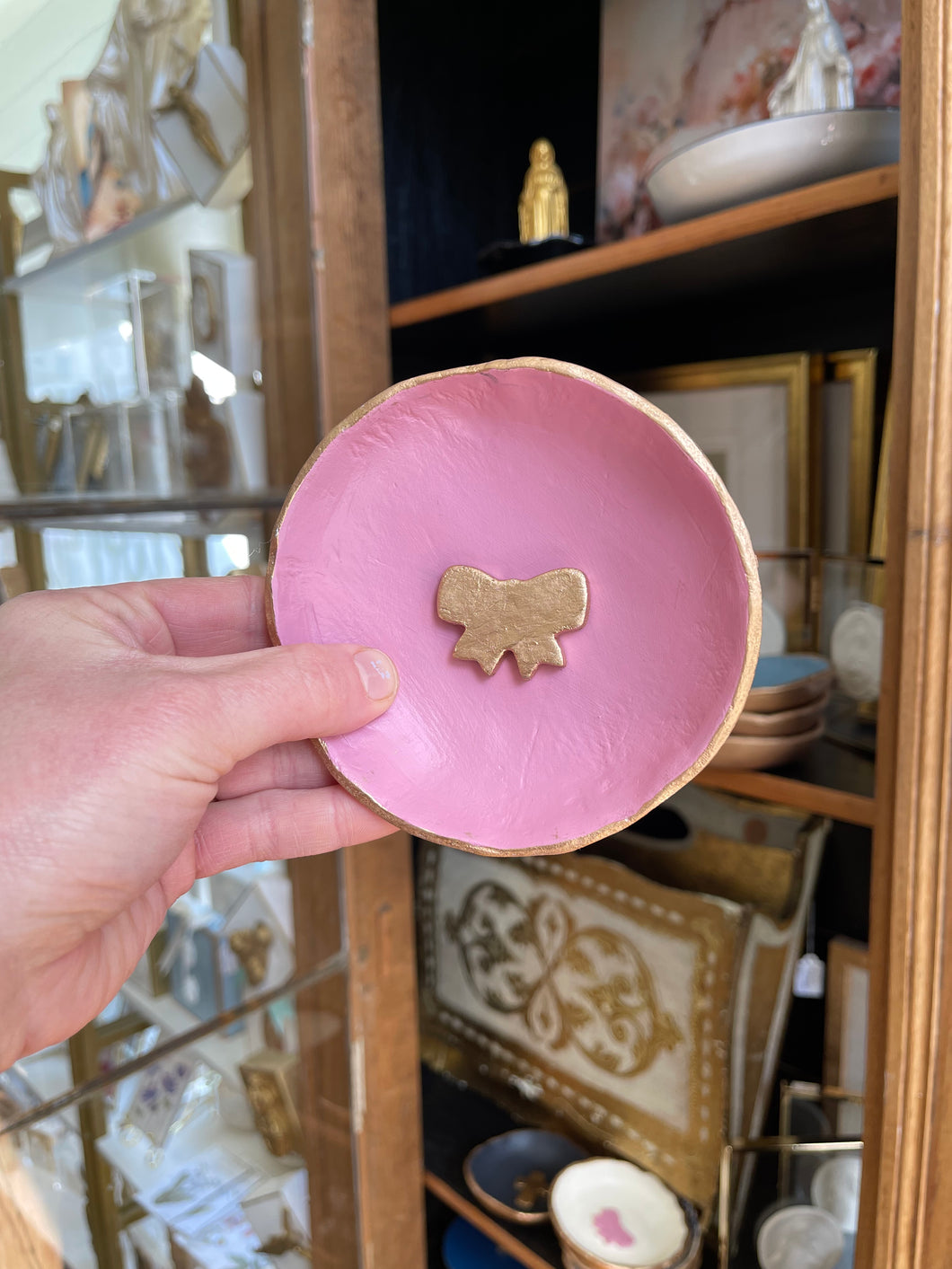 Pink and gold bow trinket dish -Stretched Out Designs By Chelse Breaux