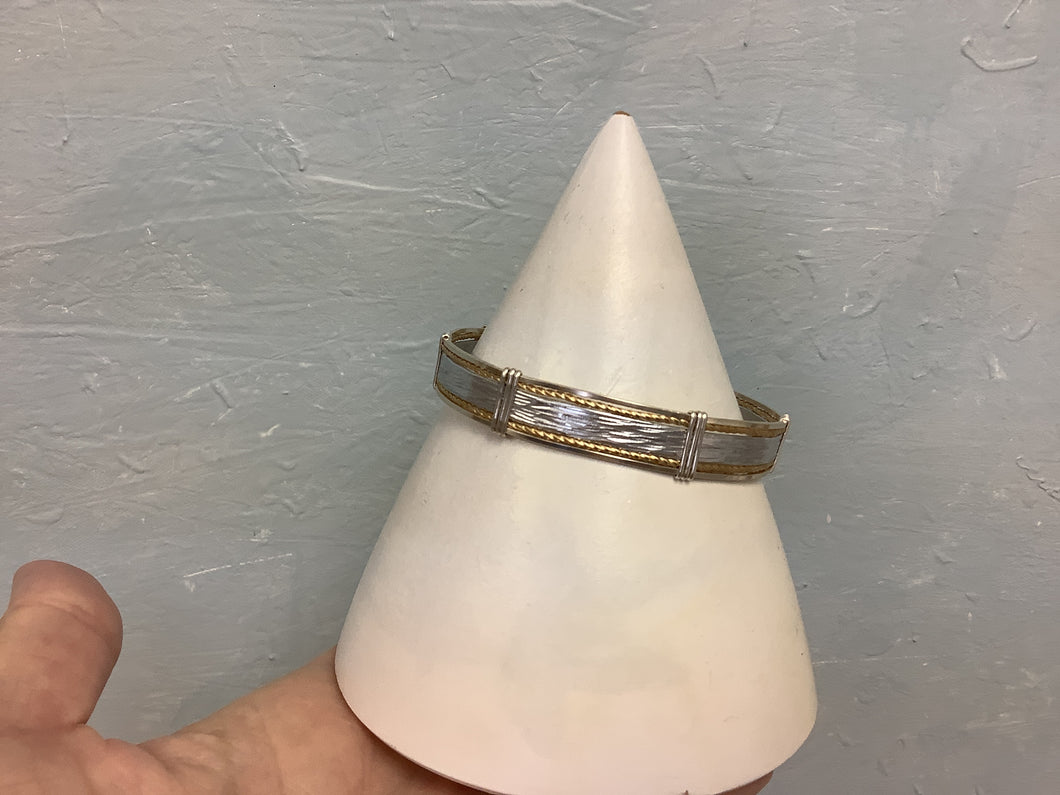 Wide silver hammered  center 2 gold twist 2 silver flat bracelet- Q’s Jewelry Design