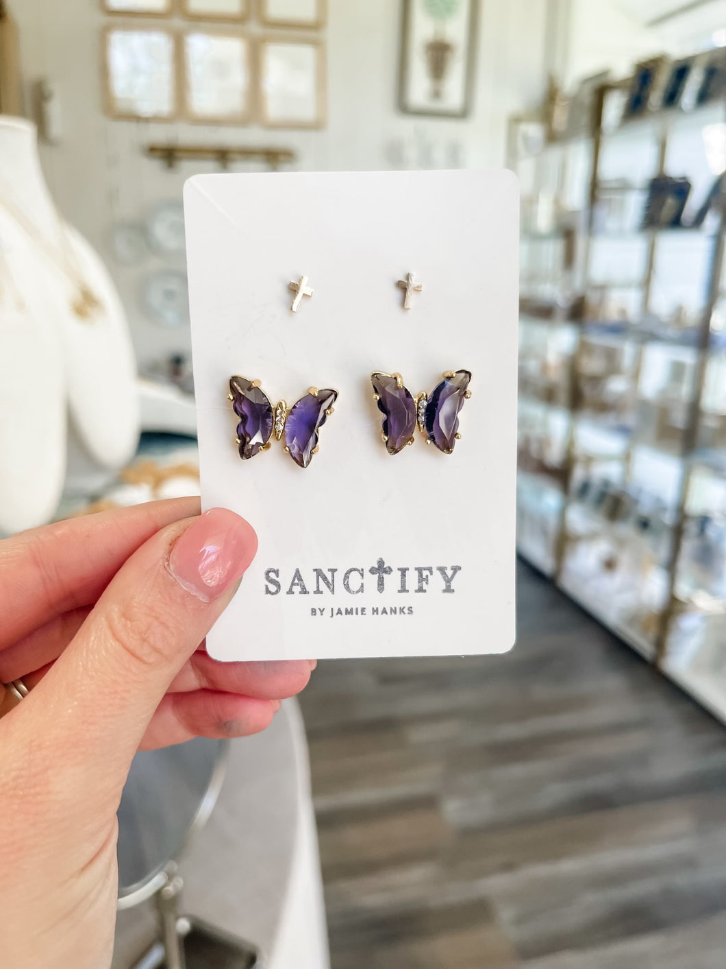 Purple Cross Butterfly Earring Set-Sanctify by Jamie Hanks