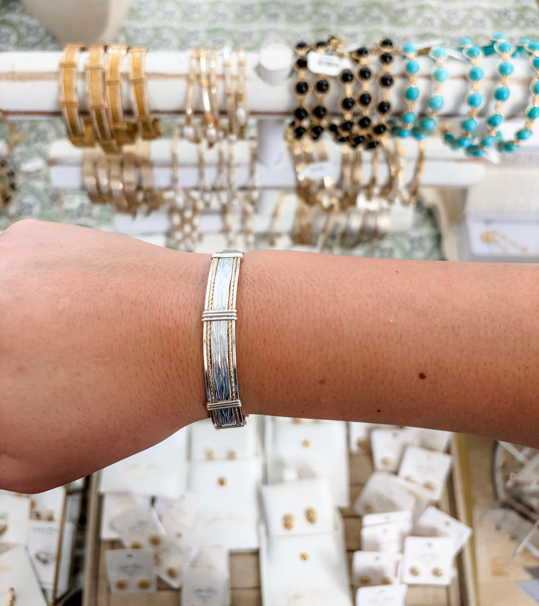 Wide silver hammered  center 2 gold twist 2 silver flat bracelet- Q’s Jewelry Design