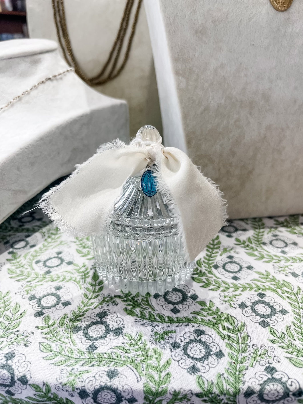 Small Crystal Lidded Dish Light Blue Mary with Cream Ribbon-The Gilded Mosquito by Lisa Leger