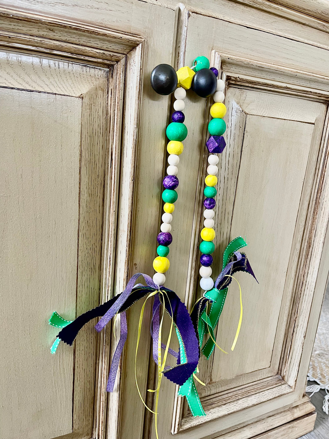 Style B Mardi Gras wood bead decor garland w/ ribbon tassels- Stretched Out Designs by Chelse Breaux